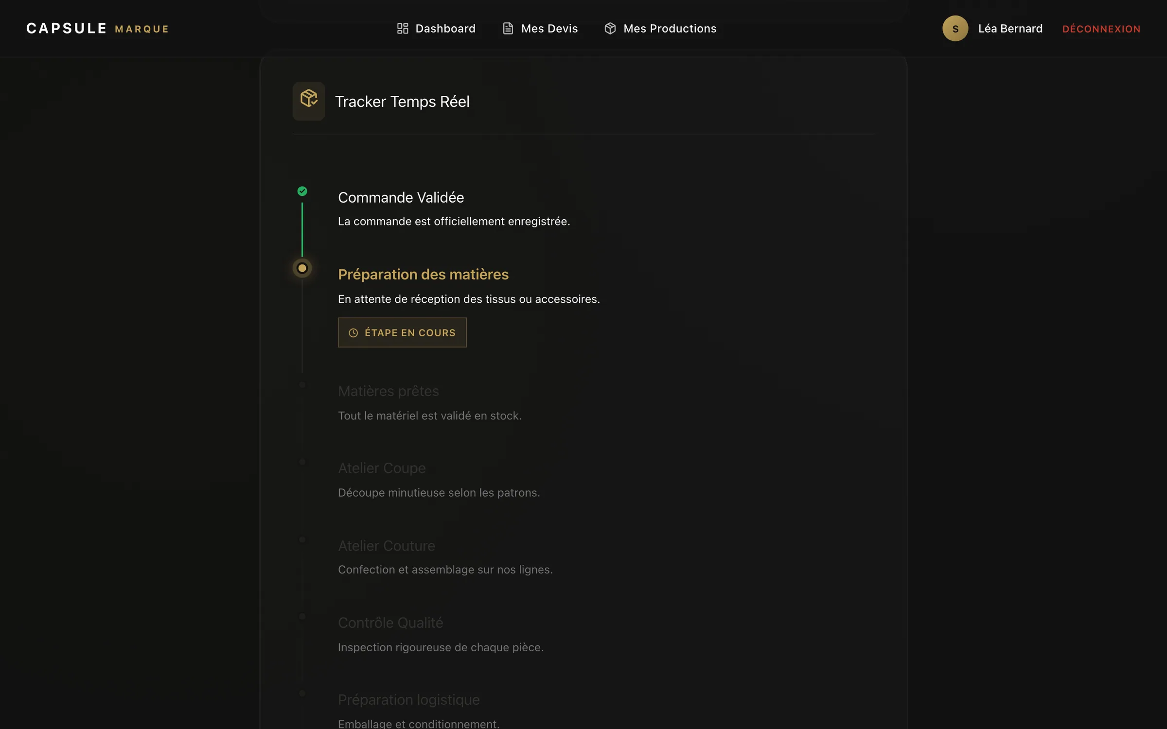 Portail marque : la timeline de production d'un projet, identique à celle de l'atelier.