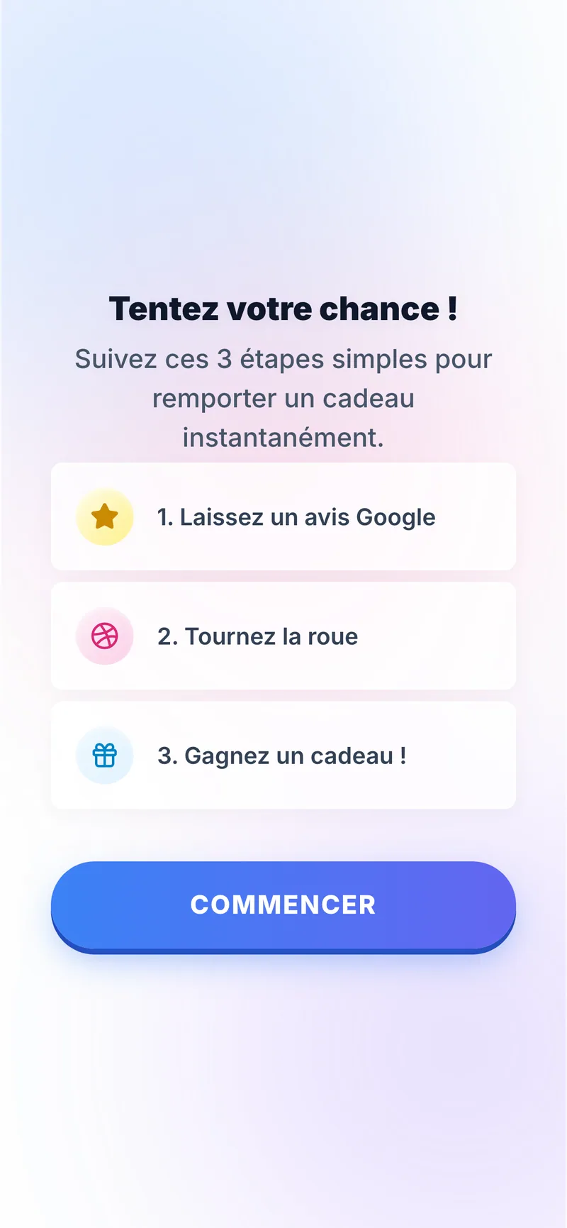Page publique ouverte par la plaque NFC : les trois étapes, laisser un avis Google, tourner la roue, gagner un cadeau.